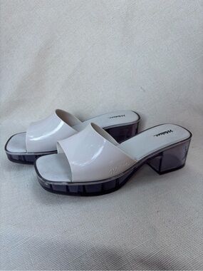 Melissa White Patent Slide Mules with Translucent Chunky Heel